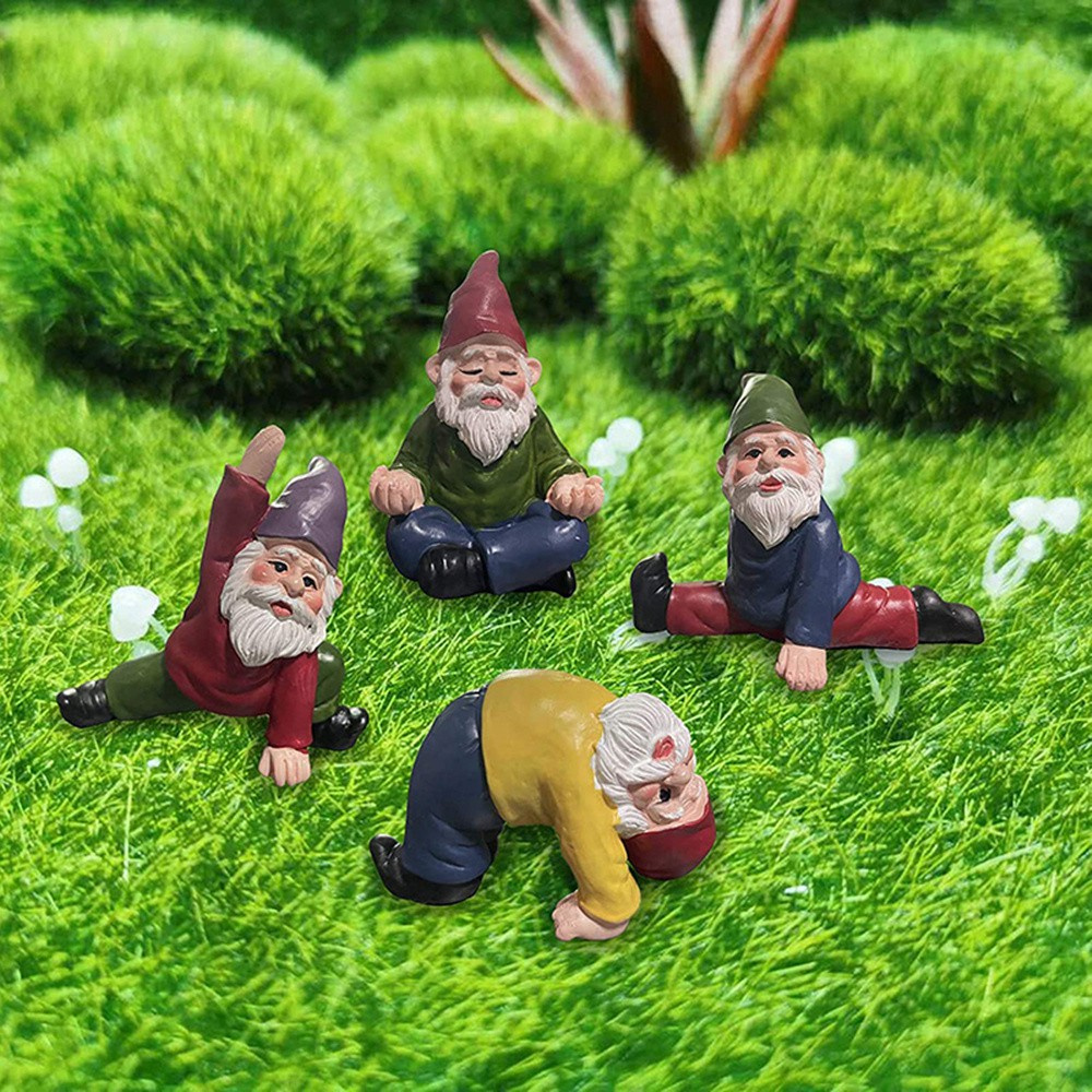 MIOSHOP 4 PCS Outdoor Fairy Garden Accessories Indoor Miniature Garden Gnomes Statue Flower Pot Decor Collectible Figurines Ornaments Yoga Gnomes