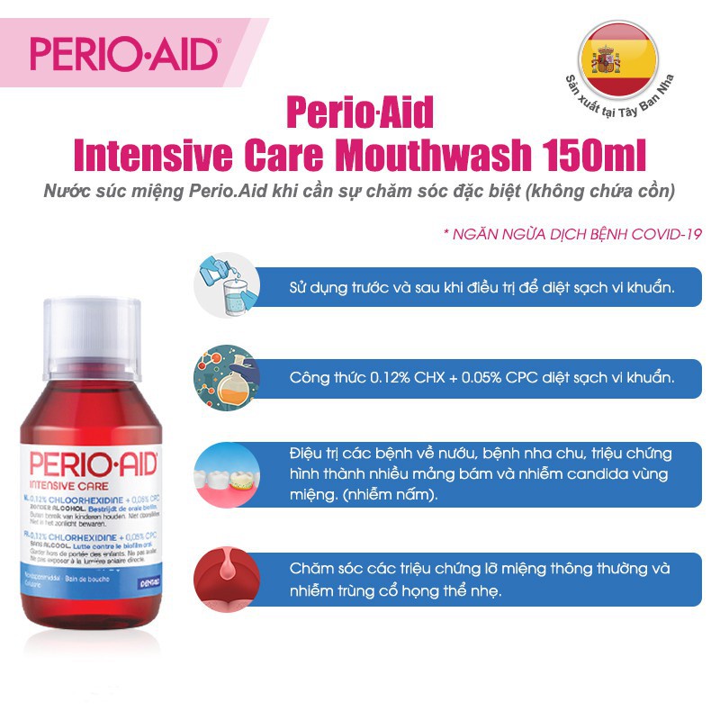 Nước súc miệng diệt khuẩn, ngăn mảng bám, chống viêm Perio.Aid Intensive Care 150ml