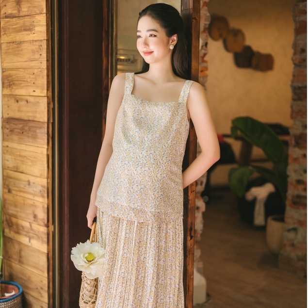 MEDYLA - Áo bầu 2 dây 2 lớp chiffon lót lụa cho bầu thoải mái mặc trong và sau sinh mặc kèm chân váy hoa xếp ly - ASM121