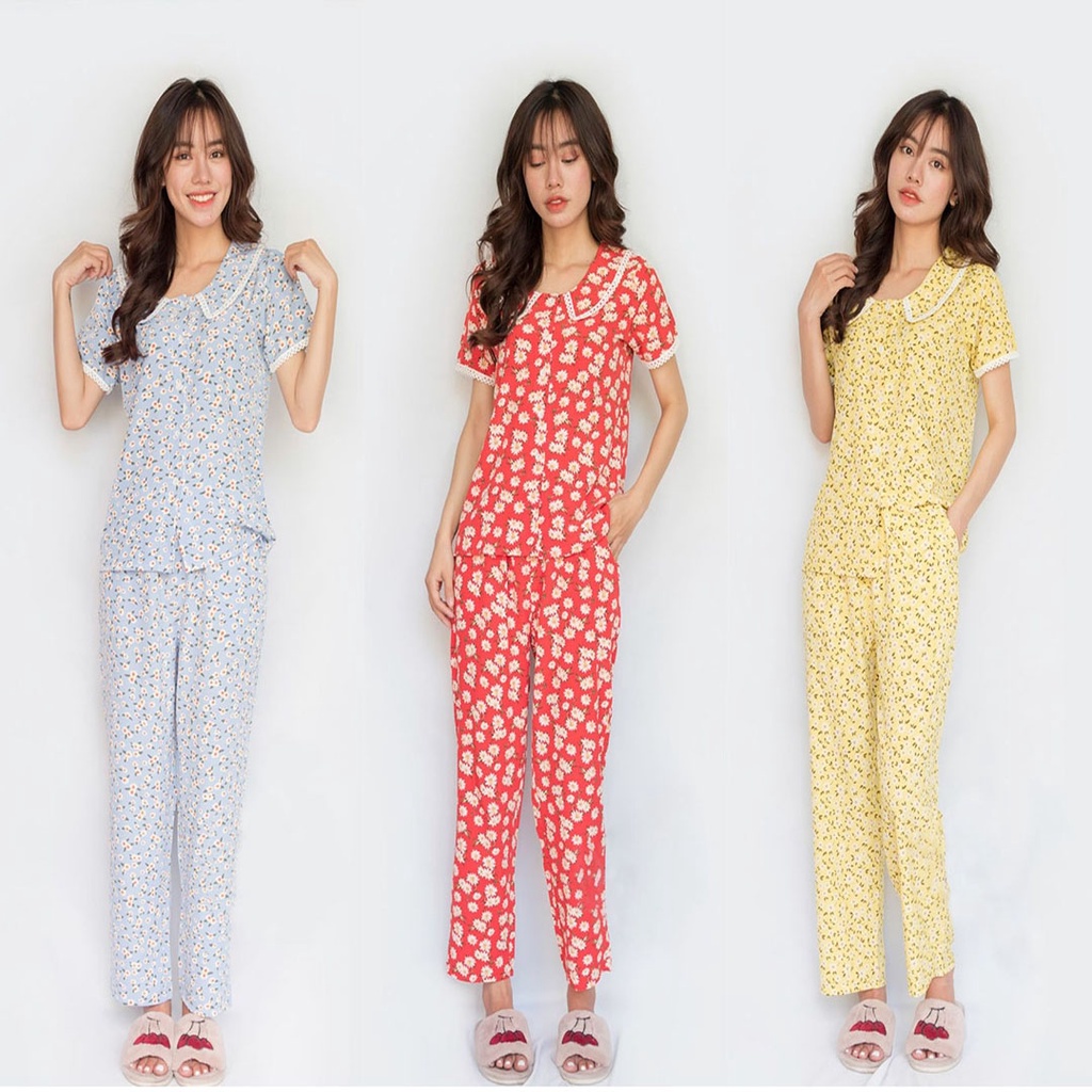 Đồ bộ nữ đẹp mặc nhà lụa cao cấp họa tiết hoa lá dễ thương size dưới 70kg