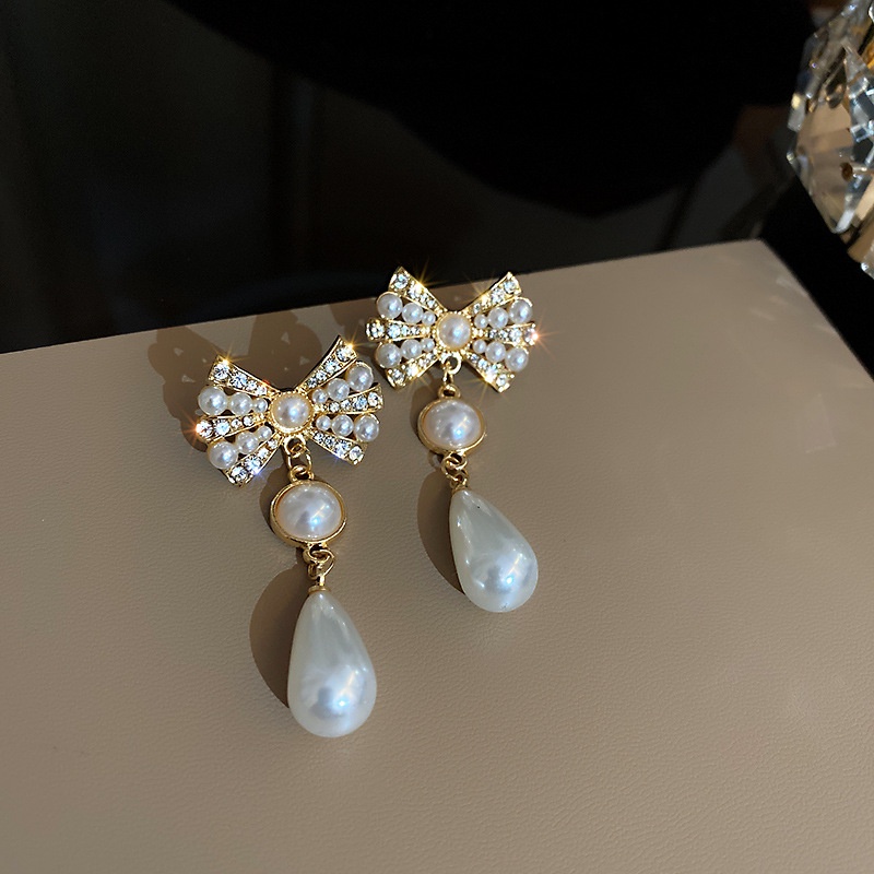 Bộ Vòng cổ + Bông Tai Mạ Bạc 925 Hình Nơ Đính Ngọc Trai Phong Cách Hàn Quốc Cho Nữ