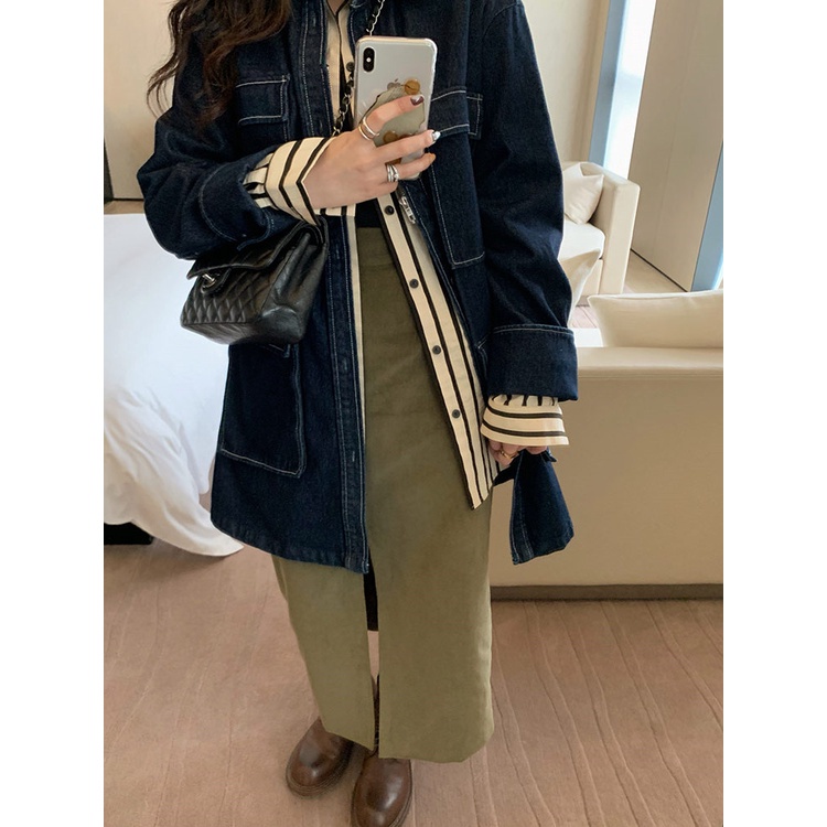 Áo sơ mi QKOOLE tay dài họa tiết kẻ sọc phong cách Hàn Quốc cổ điển thời trang dành cho nữ