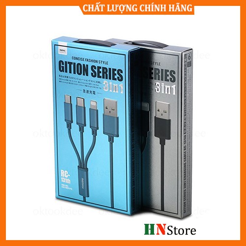 Cáp sạc 3 đầu Lightning, Micro USB, Type C Remax RC-131th dây dù đa năng 3in1 chính hãng