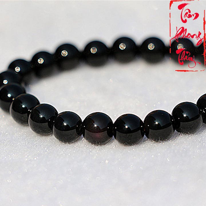 [Đá tự nhiên]  Vòng Tay Đá Núi Lửa Obsidian Cao Cấp Đen Bóng 12mm