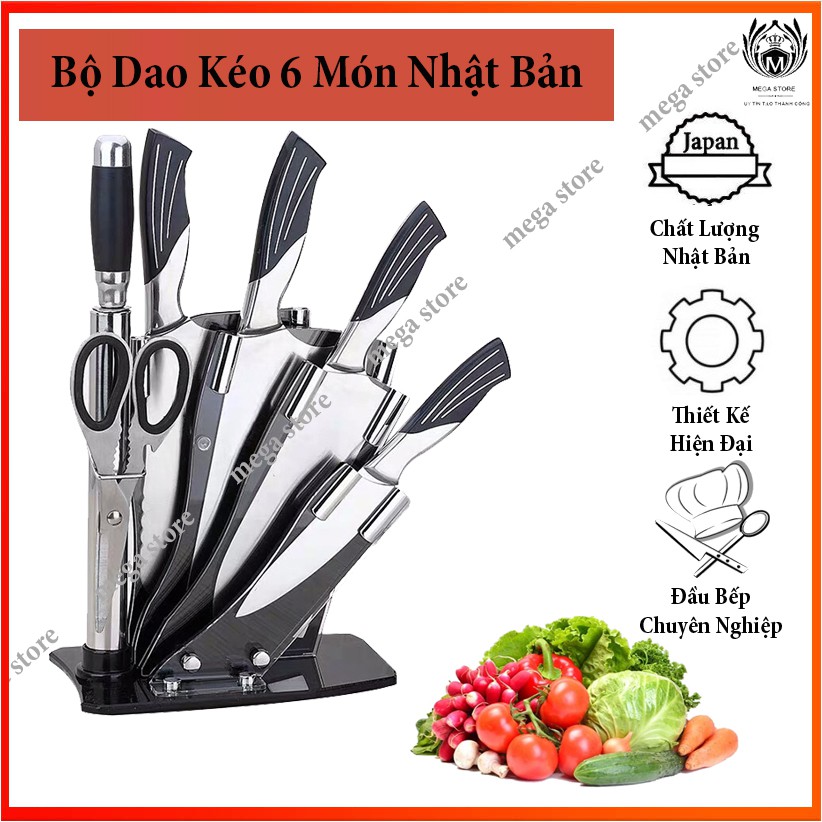 💔Hàng loại 1💔Bộ Dao Kéo Nhà Bếp 6 Món Inox Nhật Bản Sắc Bén Không Han Gỉ - Tặng Kèm Khay Để Dao Kéo