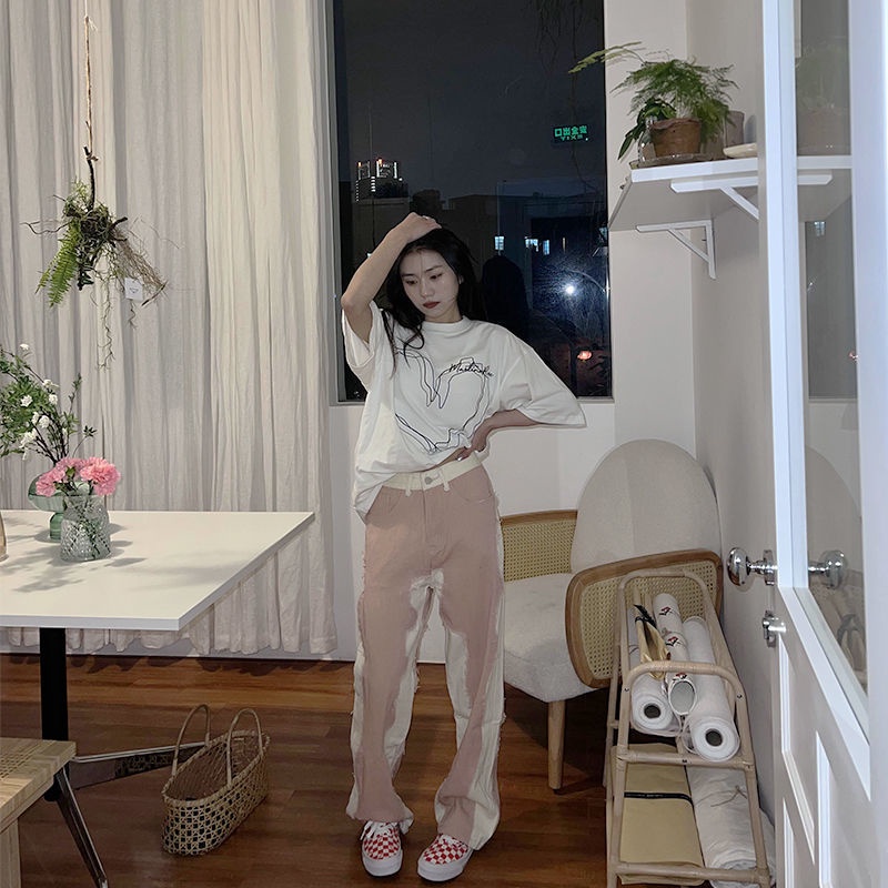 Japanese style retro stitching straight jeans women's design sense niche fashion brand street loose all-match wide leg casual pants
