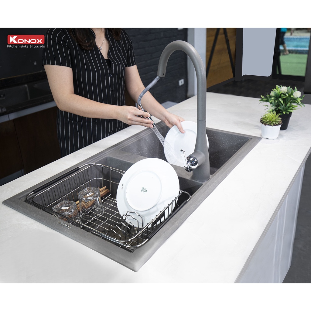 Chậu rửa bát KONOX Granite Series Phoenix 860 Grey, Made in Italy, Full set gồm Siphon + Giá úp bát inox