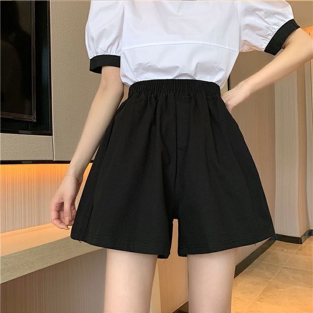 Quần Short Ống Rộng Lưng Cao Co Giãn Màu Đen Thời Trang Mùa Hè Cho Nữ