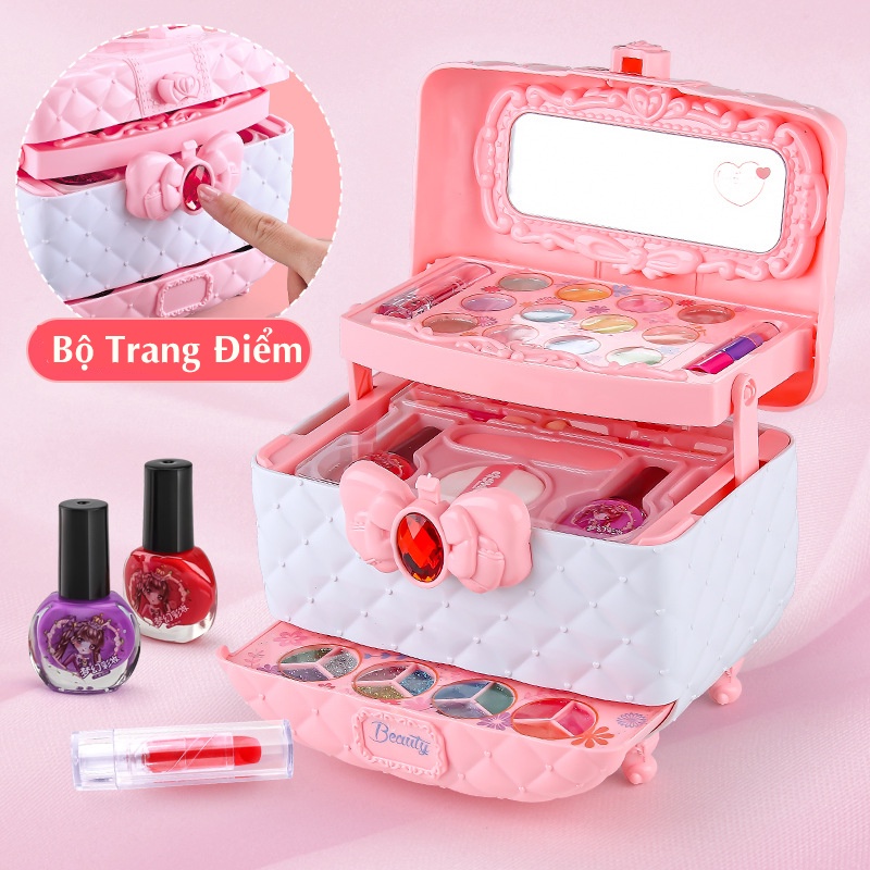Đồ chơi trang điểm cho bé gái màu hồng cao cấp PoppyKidds bộ đồ làm đẹp chất thật cho bé từ 3 tuổi