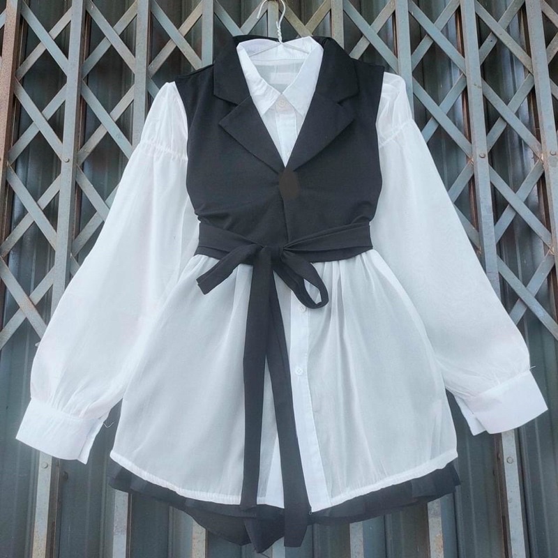 SET ÁO KHOÁC VEST SÁT NÁCH CỘT NƠ ÁO SƠ MI VOAN FORM DÀI xinh xắn teen nữ trẻ trung họa tiết độc đáo phong cách sexy