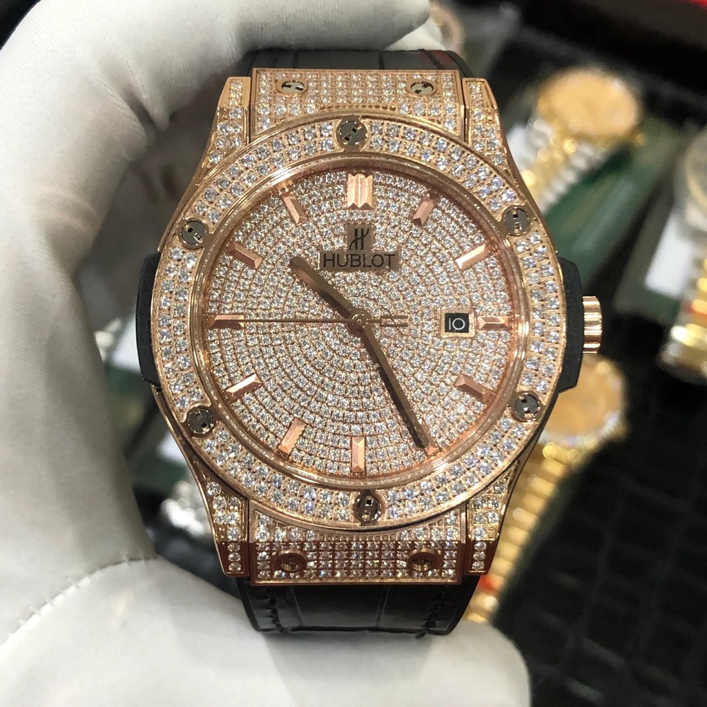 Đồng hồ Nam Hu-blot đính full đá mặt máy cơ Automatic Full Diamond size 42mm dây cao su vỏ vàng