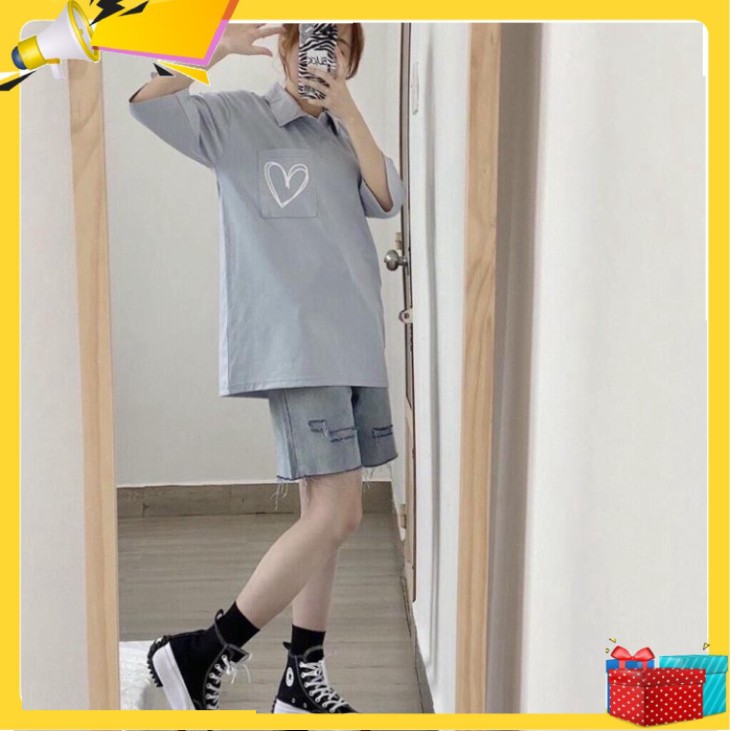 Áo polo tay lỡ form rộng nam nữ ullang Hàn Quốc in hình trái tim chất thun cotton đep RUBY UNISEX