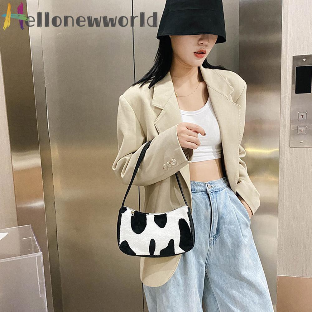 Túi đeo vai/xách tay lót vải lông mềm họa tiết da bò sữa/ngựa vằn thời trang thu đông cho nữ