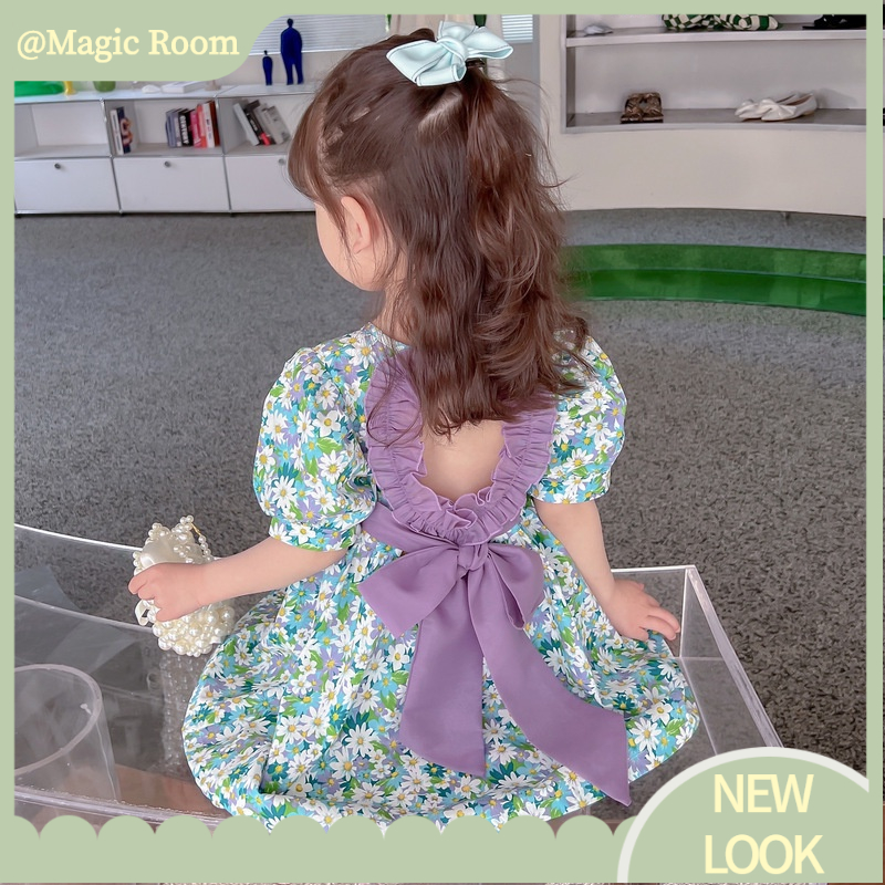 Babyfair. Đầm Bé Gái Cotton Tay Phồng Cổ Tròn In Hoa Mùa Hè Có Nơ Sau Cho Trẻ Em