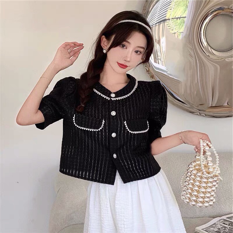 Set Áo Sơ Mi Croptop + Chân Váy Xòe Dài  Ht53 HaLuu Store Thích Hợp Cho Nữ