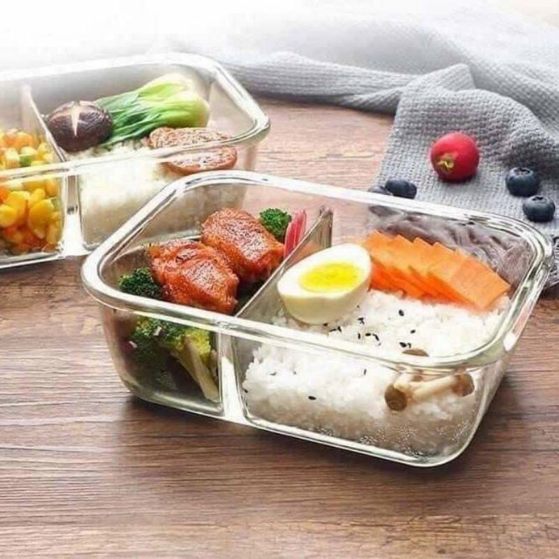 XẢ KHO GIÁ SỐC - Hộp mang cơm văn phòng chữ nhật 1 lít 2 ngăn viền xanh - Hộp thuỷ tinh chịu nhiệt - chống tràn