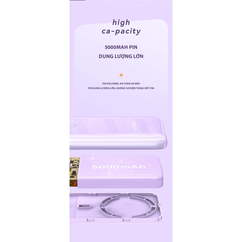 Sạc dự phòng không dây Pisen C03PD 5000mAh, sạc nhanh công suất 20W, nhỏ gọn, bảo hành 24 tháng - Hàng chính hãng