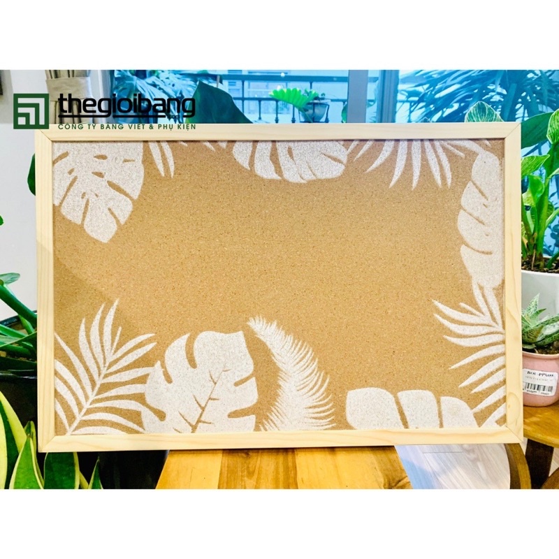 Bảng ghim bần ghi chú,note, ảnh, vintage, khung gỗ LIE trang trí Decor hoạ tiết TROPICAL ( tặng ghim).