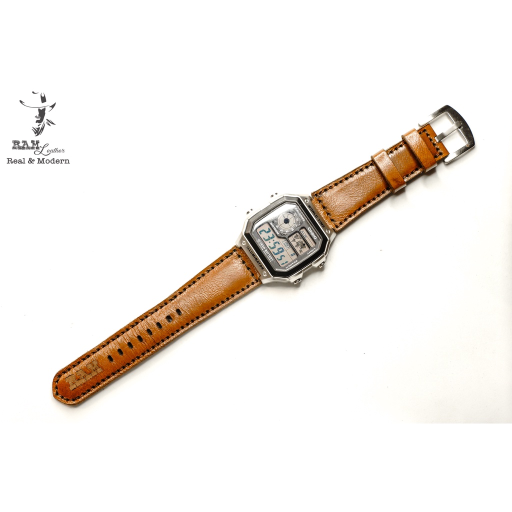 Dây đồng hồ RAM Leather 1980 cho CASIO 1200, AE 1200, 1300, 1100, A159 , A168 , Size 18 da bò nâu sáng