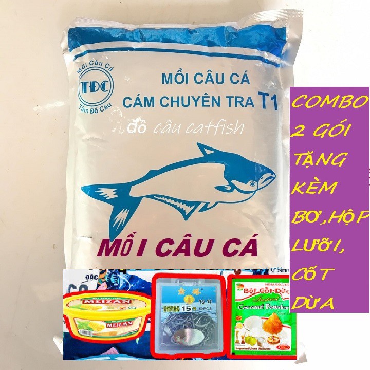 [2kg]COMBO 2 GÓI MỒI CÂU CÁ TRA T1 TẶNG KÈM BƠ,HỘP LƯỠI,CỐT DỪA- 2KG-MỒI CHUYÊN CÂU CÁ TRA TẠM ĐỒ CÂU T1-T1