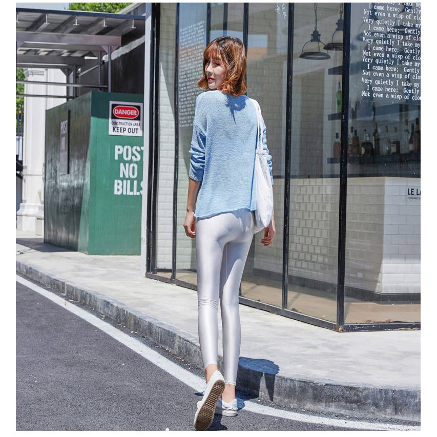 Quần legging màu bóng ôm dáng lưng cao co giãn nhiều kích thước dành cho nữ