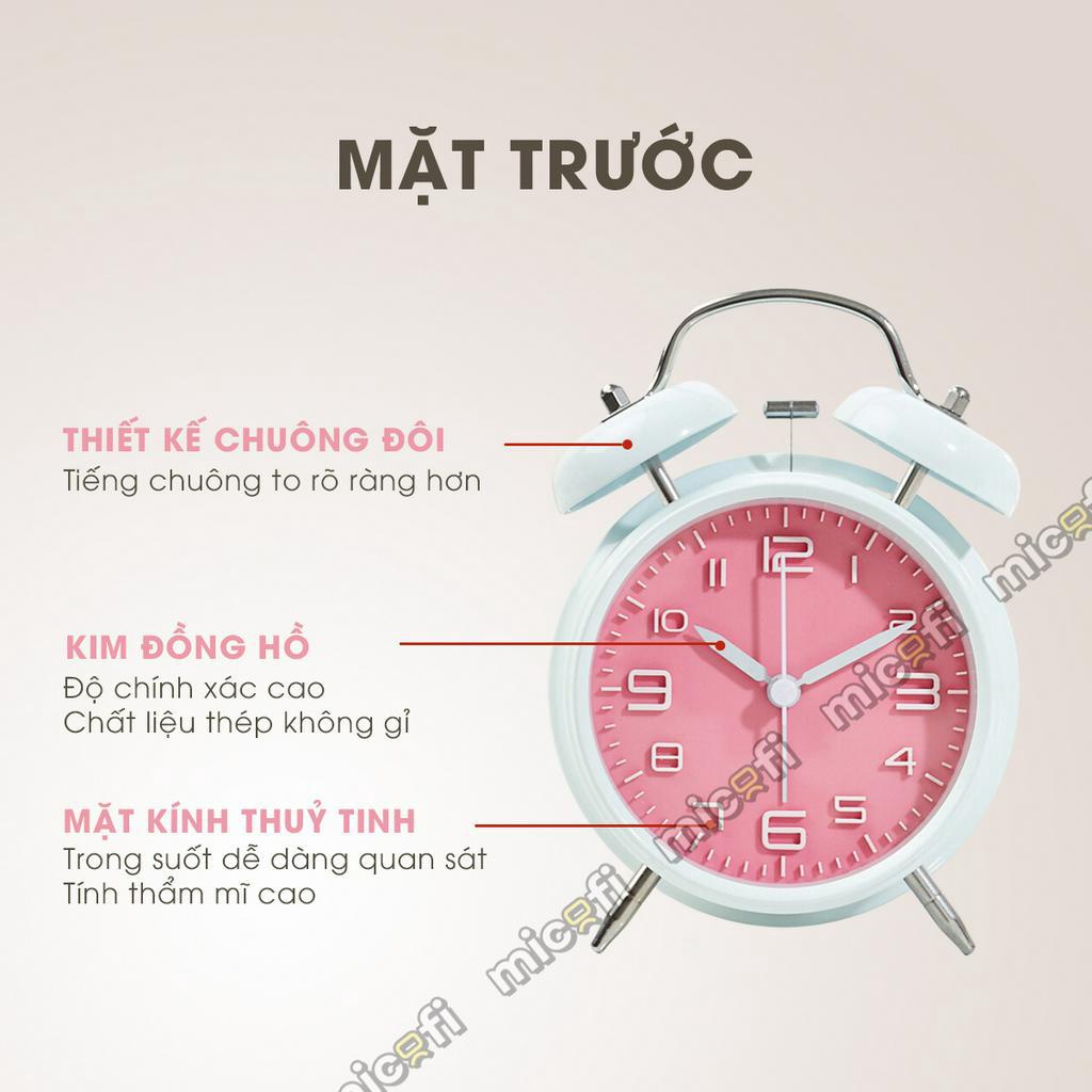Đồng Hồ Báo Thức Micofi Để Bàn Decor Chuông To Có Đèn Led Inox Kim Không Gây Tiếng Động Cute Cho Bé