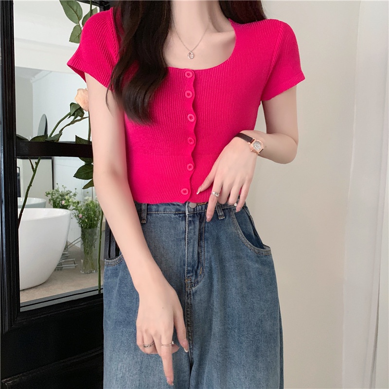 Áo Cardigan Dệt Kim Ngắn Tay Cổ Vuông Màu Sắc Ngọt Ngào Cho Nữ OOP13