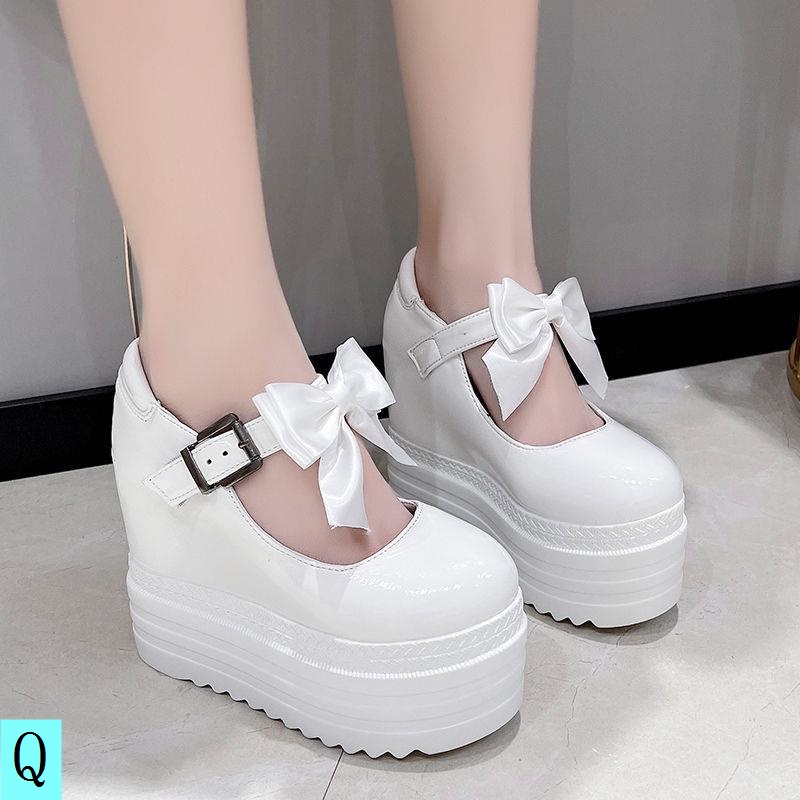Giày Da Đế Xuồng Dày Dặn Đính Nơ 12Cm Thời Trang Xuân Thu Dành Cho Nữ