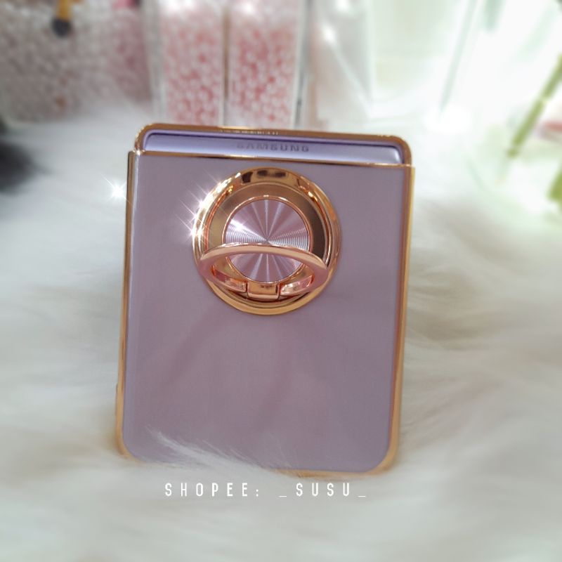 3 màu - Ốp silicon Samsung Z Flip 4 - Z Flip3 - Flip4 5G tím viền gold kèm ring lấp lánh sang trọng