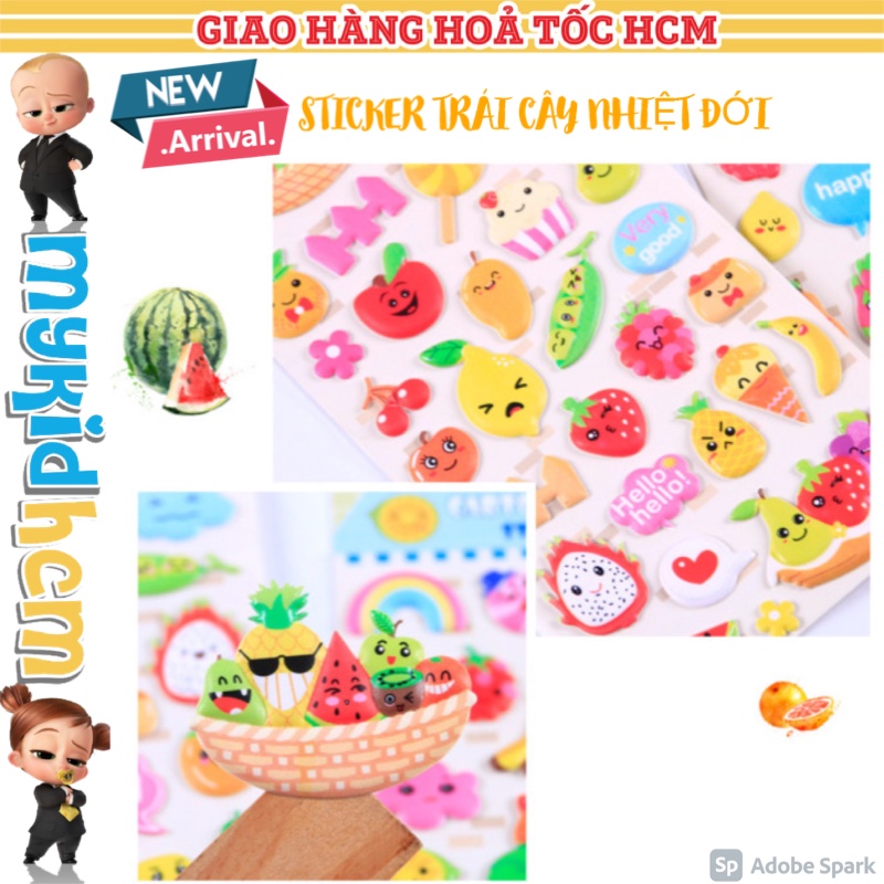BỘ NHIỀU HÌNH sticker HOẠT HÌNH TRÁI CÂY NHIỆT ĐỚI cho bé GÁI hình dán 3D vừa chơi vừa học phát triển trí tuệ
