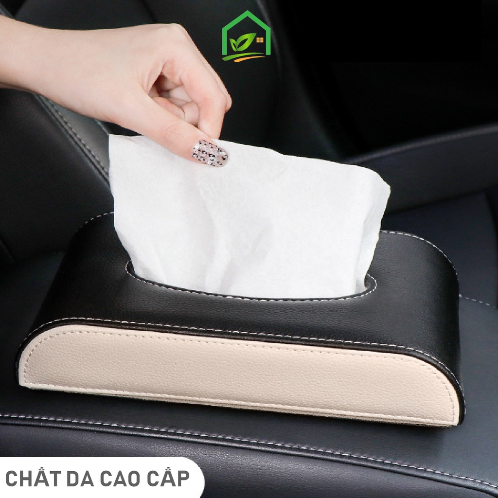 Hộp đựng giấy ăn trên ô tô, hộp đựng khăn giấy xe hơi bọc da viền kim loại sang trọng, chắc chắn