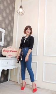 Áo sơ mi cổ tim dựng dây nơ