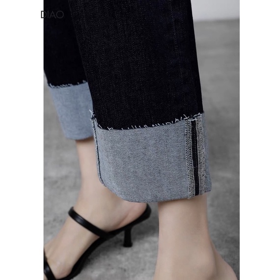 Quần jeans ống đứng gấp gấu đen cạp cao co dãn mẫu mới