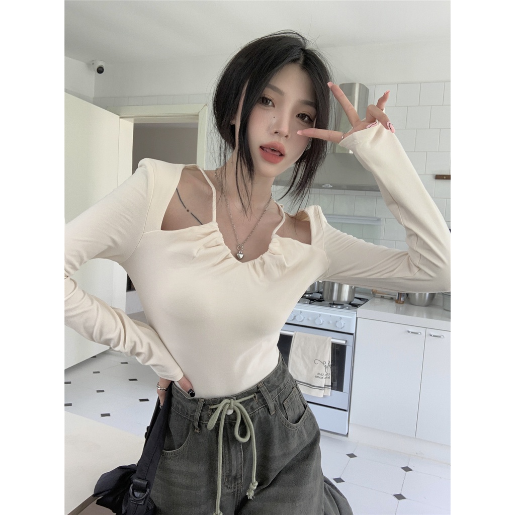 Áo Sơ Mi Tay Dài Cổ Chữ V Không Đối Xứng Màu Trơn Kiểu Mỹ