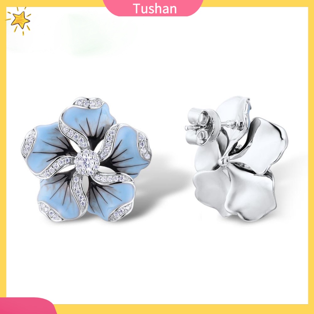 TUSH Women Cubic Zirconia Inlaid Enamel Flower Ear Stud Earrings Wedding Jewelry Gift