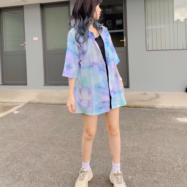 Áo Sơmi Loang Cloud 3D Tay Ngắn Unisex Ảnh Thật