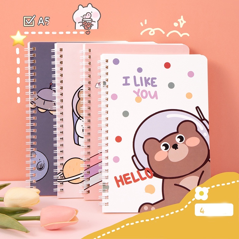 Sổ lò xo A5 Bìa hoạt hình cute 120 trang giấy kẻ dòng màu kem bo góc - Văn phòng phẩm Hakuart