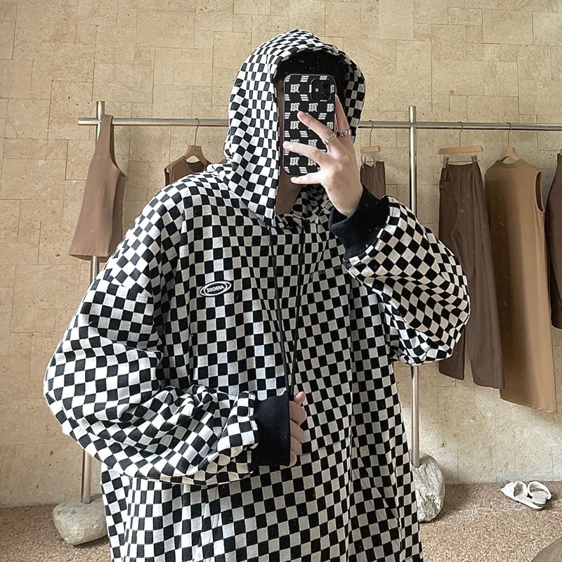 Áo khoác hoodie dài tay họa tiết sọc caro phong cách Hong Kong dành cho nam 2021