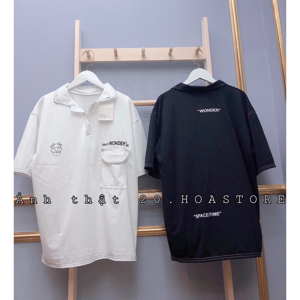 Áo Thun POLO CON BÒ CHỈ NỔI Nam Nữ Ulzzang Unisex - Áo Polo Tay Lỡ Cổ Viền Chỉ WONDER 2 Màu Trắng Đen