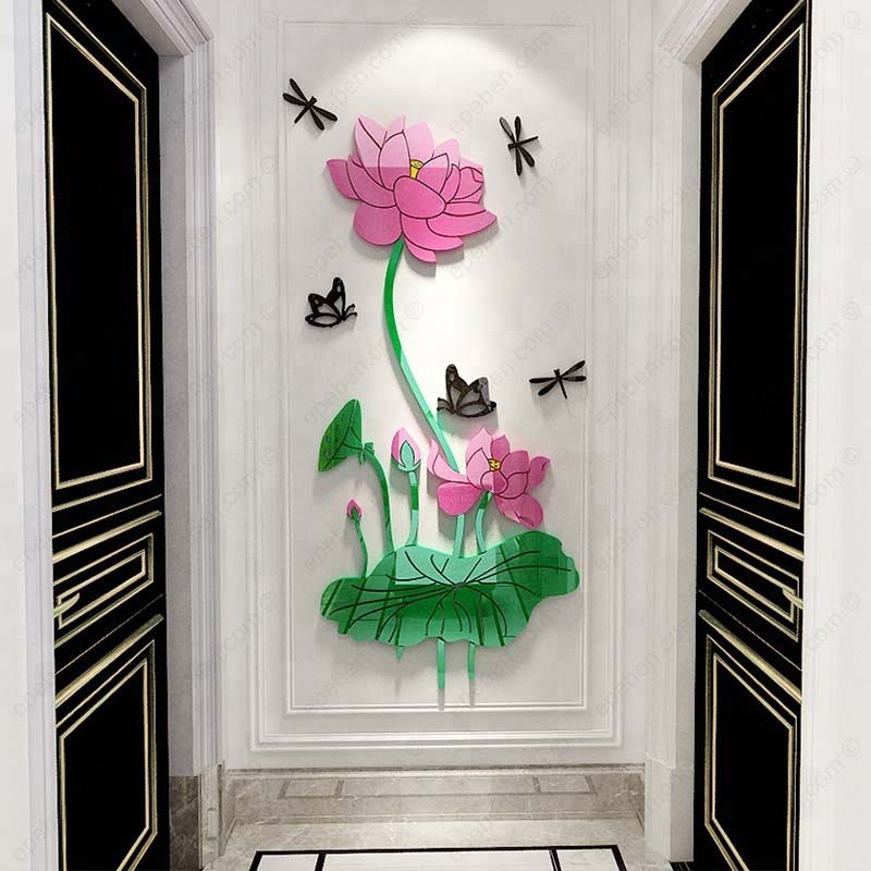 Tranh dán tường mica 3d decor khổ lớn khóm hoa sen nở rộ trang trí phòng khách, phòng ngủ Nhiều Size - EPeBen