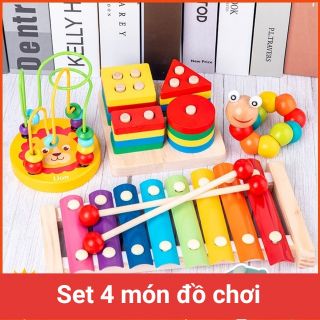 Đồ chơi cho bé 😊 Freeship😊 Set 4 món đồ chơi gỗ thông minh đàn, sâu, luồn hạt, thả khối