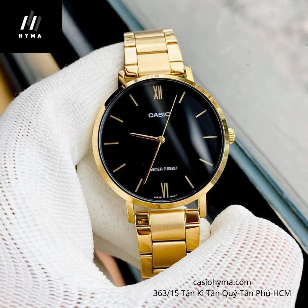 Đồng hồ nam nữ đẹp cao cấp - Đồng hồ đôi Casio VT01G-1AV Mặt đen dây thép không gỉ Bảo hành 1 năm Hyma watch