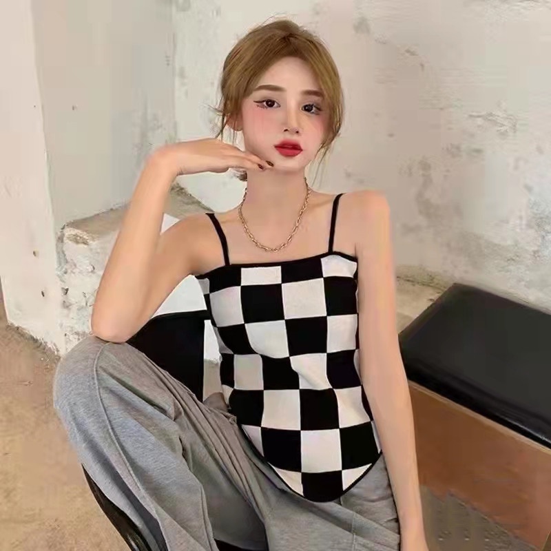 DUNEA Áo Hai Dây Dệt Kim Kẻ Caro Quyến Rũ Thời Trang Cho Nữ