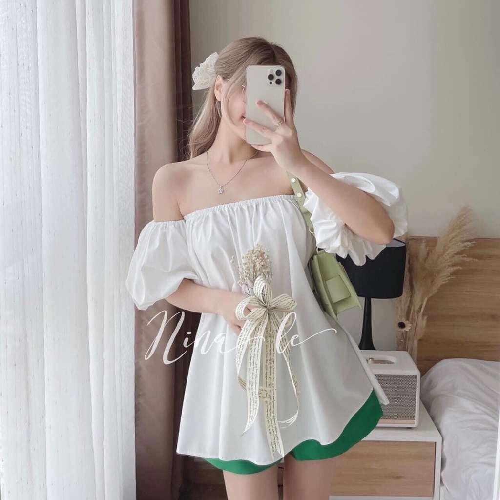 Áo váy babydoll trễ vai tay bồng Hình THẬT, áo nữ trễ vai chất thô lụa mềm min 3 màu