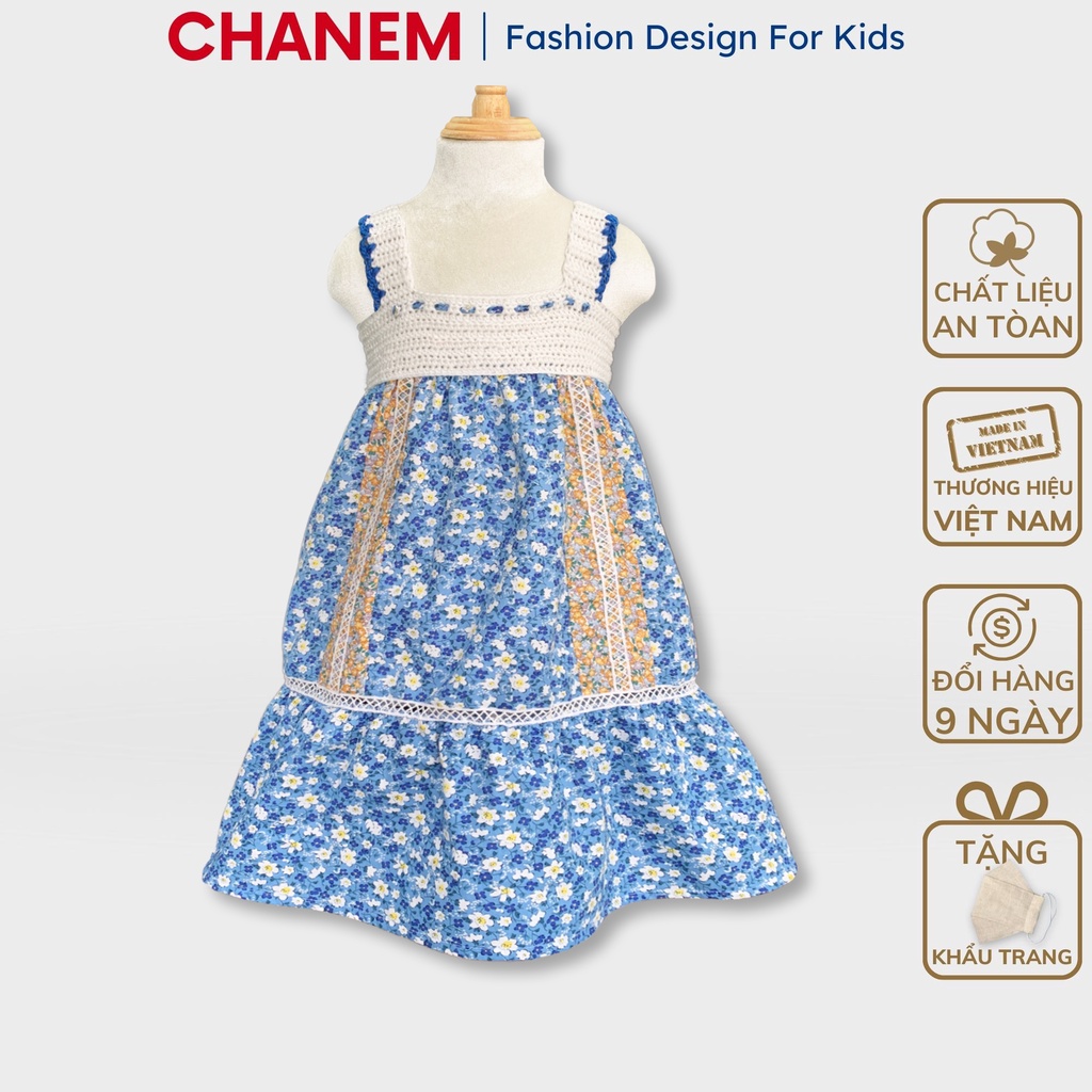 Váy hai dây đan móc sợi cotton hè thủ công phối vải hoa nhí mix ren, Đầm thiết kế cho bé gái từ 1 -10 tuổi CHANEM