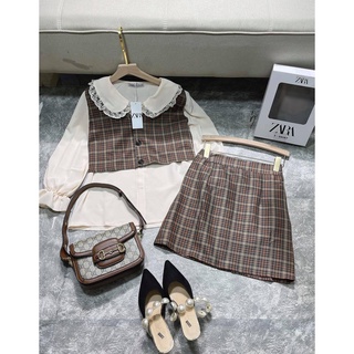 [Hàng T8_]Set áo sơmi cổ bèo+yếm dạ+chân váy dạ kẻ(có lót)_Set áo sơ mi kem tay bồng chun cổ sen mix set váy ghile caro