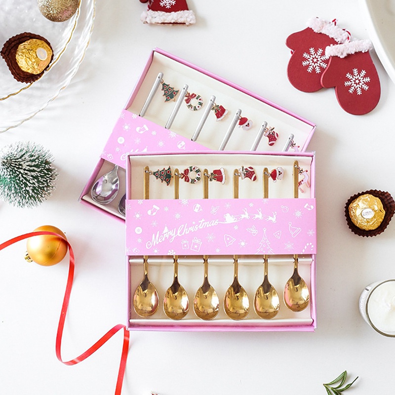 Set 6 Muỗng Nĩa Bằng Thép Không Gỉ Mạ Vàng / Bạc Trang Trí Bàn Ăn Cho Dịp Giáng Sinh / Tiệc Cưới / Giáng Sinh 2022