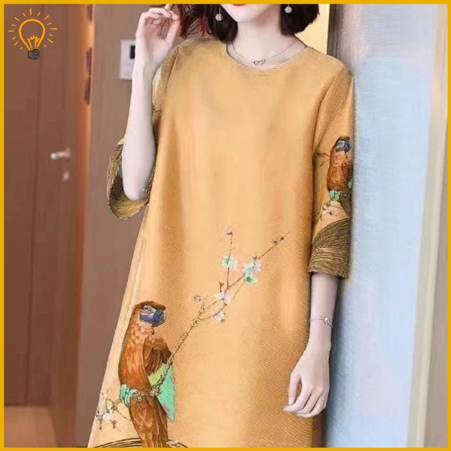 Đầm Chữ A Tay Lửng Dáng Rộng Cổ Tròn In Họa Tiết Hoa & Chim Kiểu Dân Tộc Cổ Điển Thời Trang Mùa Hè Cho Nữ