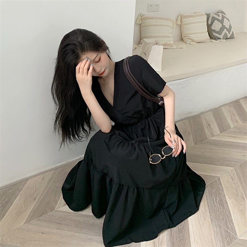 Váy midi dài tay ngắn chiết eo 2021, Đầm nữ dài màu đen cổ V dáng xòe 3 tầng sang chảnh thời trang hàn quốc du lịch | BigBuy360 - bigbuy360.vn