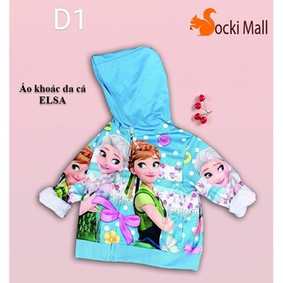Áo khoác cho bé gái, áo có nón, chất da cá mặc ấm, in 3D công chúa ELSA sặc sỡ (Xanh).